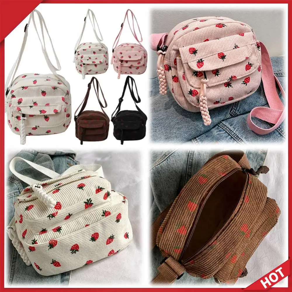 

Cute Strawberry Shoulder Bag Corduroy Trendy Crossbody Bag Casual Zipper Tote Handbag for Women Travel Work
