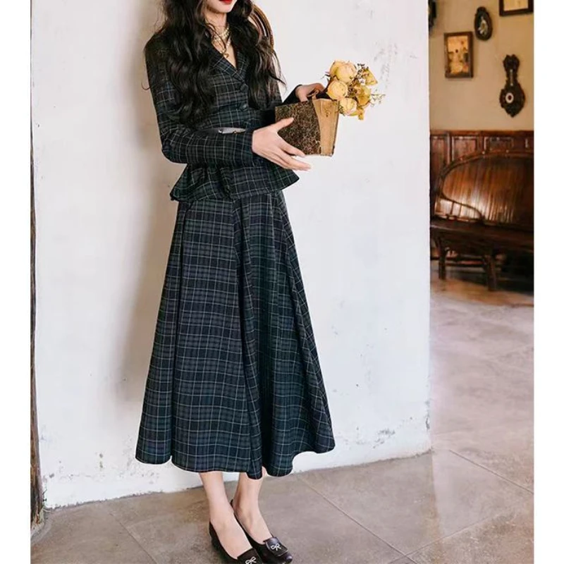 British Style Plaid Small Suit Big Swing Skirt Long Dress Two-piece Set 2025 New Temperament Wear A Complete Set