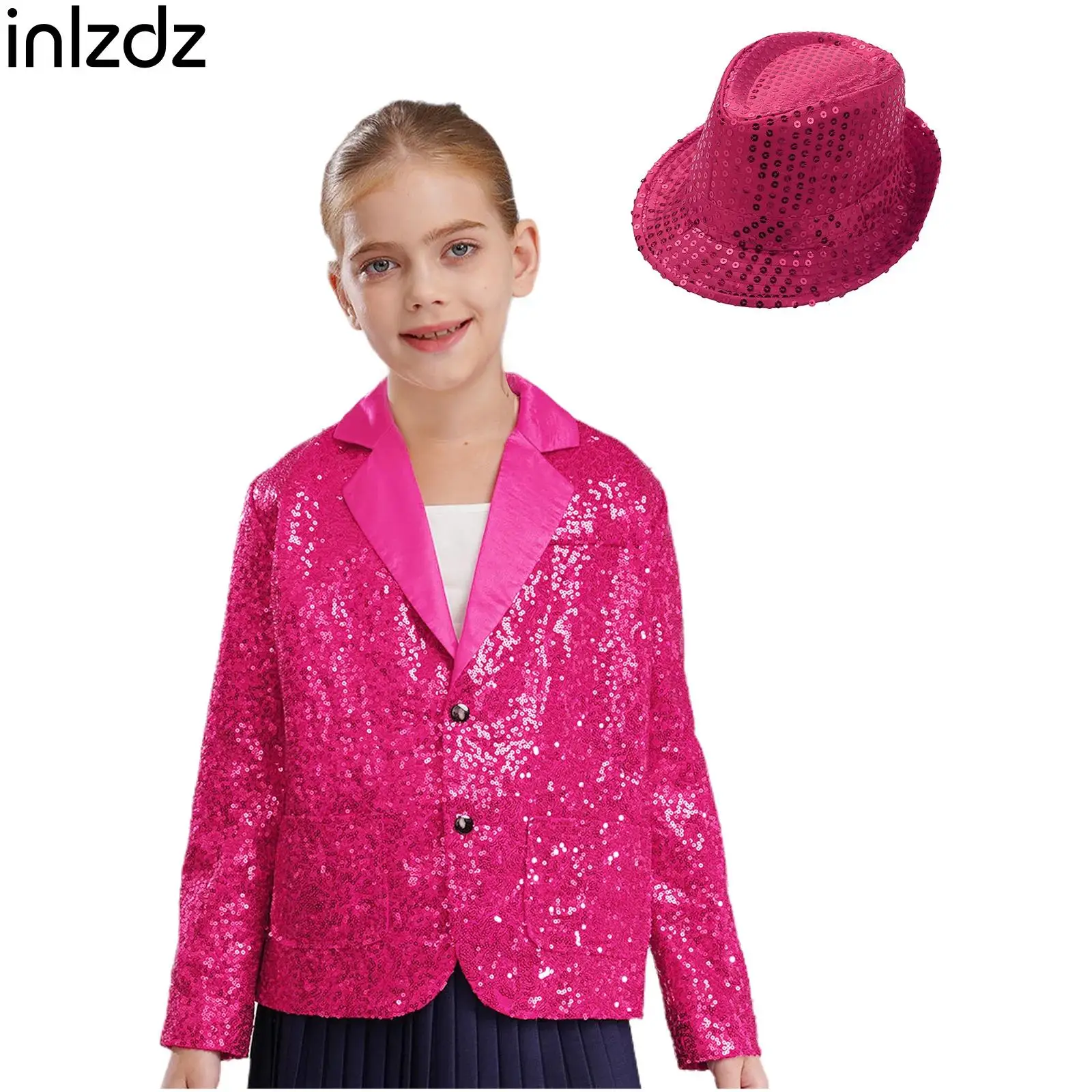 

Kids Girls Jazz Dance Outfit Long Sleeve Sparkly Sequins Blazer Jacket with Sequined Hat for Halloween Theme Party Performance