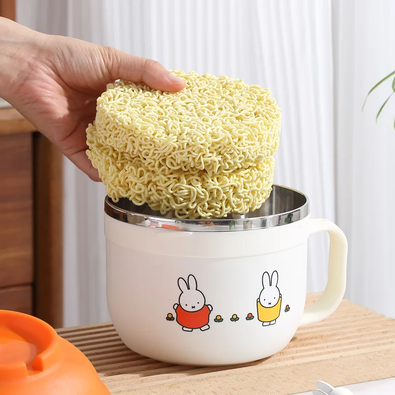 Fiambrera de acero inoxidable con conejo Miffy Kawaii, cuenco de fideos instantáneo cubierto con dibujos animados para estudiantes, vajilla portátil para niños