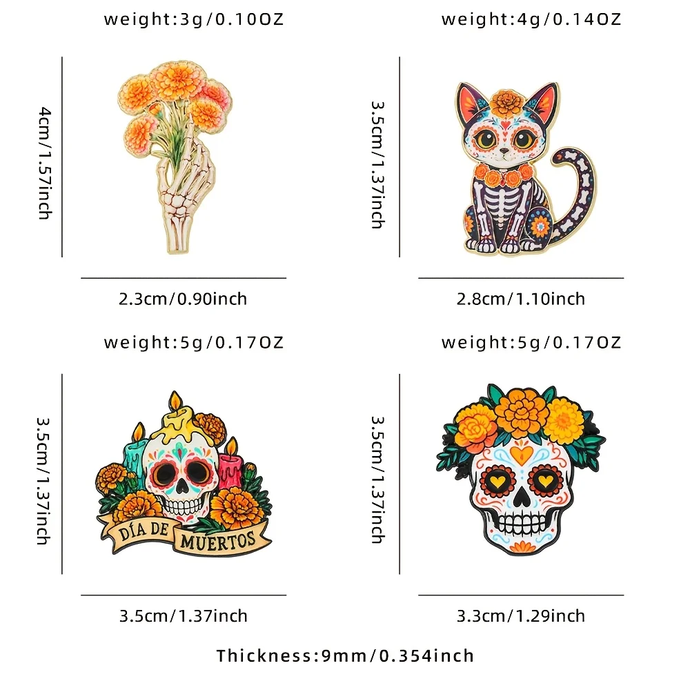 Day of the Dead Lapel Pin Brooch, Mexican Sugar Skull Skeleton Series Design for Jackets Backpacks