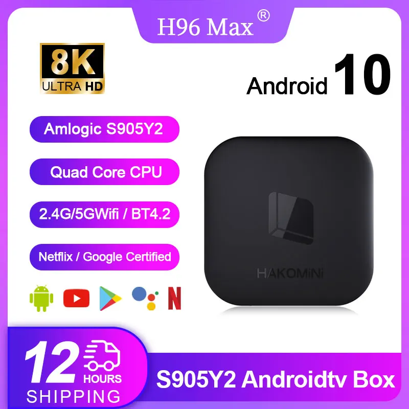 H96 Max Amlogic S905Y2 Smart TV Box 2G 8G Androidtv 10 2.4G/5G Dual Wifi BT 4.2 Google Voice Assistant Certified Netflix/Google