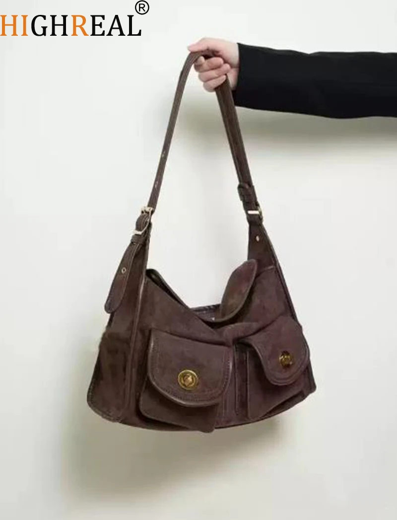 

Single Shoulder Crossbody Bag Casual Commuter Large Capacity Suede Pillow Bag Vintage Style Polyester Lining Closure