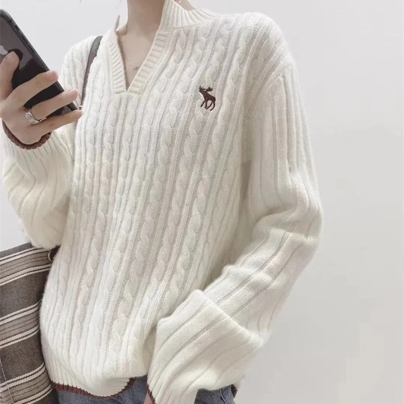 station European autumn and winter new cashmere women's twist thickened sweater deer embroidery loose large size knittin