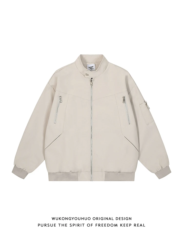 

American High Street Stand-up Collar Tooling Bomber Jacket Men's Trendy Brand Zipper Design Baseball Jacket