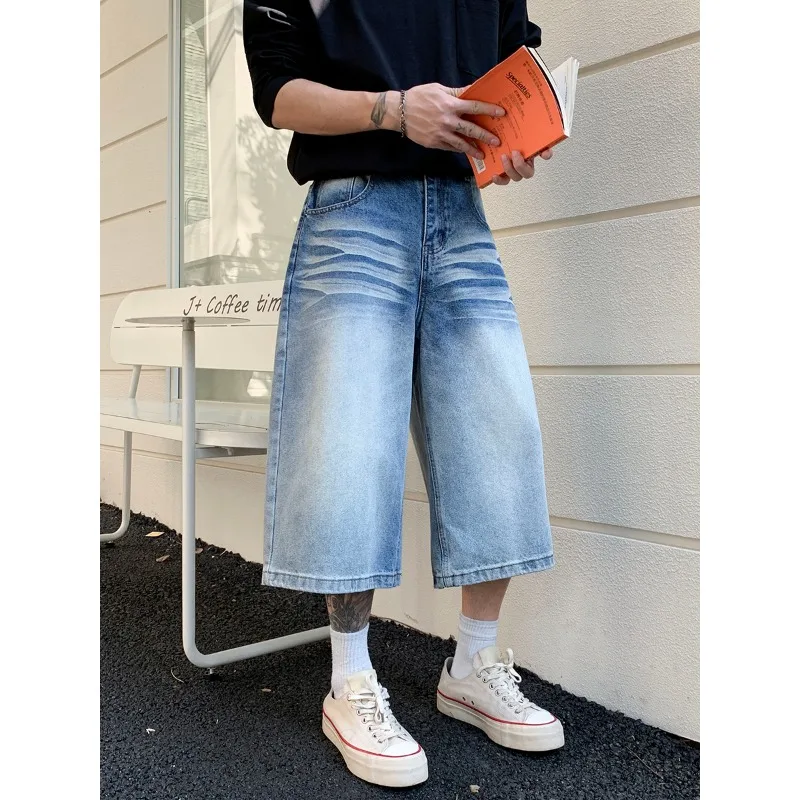 Man Pants High Waist Relaxed Wide Leg Denim Jeans Vintage Loose Fit Straight Casual 7 Point Pants for Men