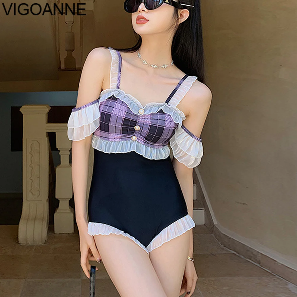 VigoAnne Print Off The Shoulder  Swimwear Women 2024 Verge Push Up One Piece Swimsuit Korean Slimfi Monokini Hollow Bathing Suit