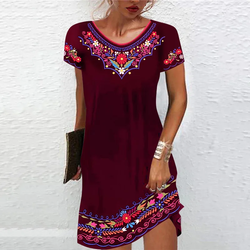 Stylish Women's Ethnic Print Short Sleeve Dress – Casual & Comfortable Boho Fashion