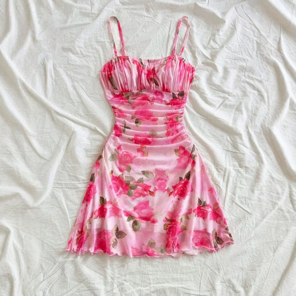 CPSYMYM Abiti estivi casual con stampa floreale senza maniche con scollo quadrato pieghe mini abiti cami giornalieri per le donne