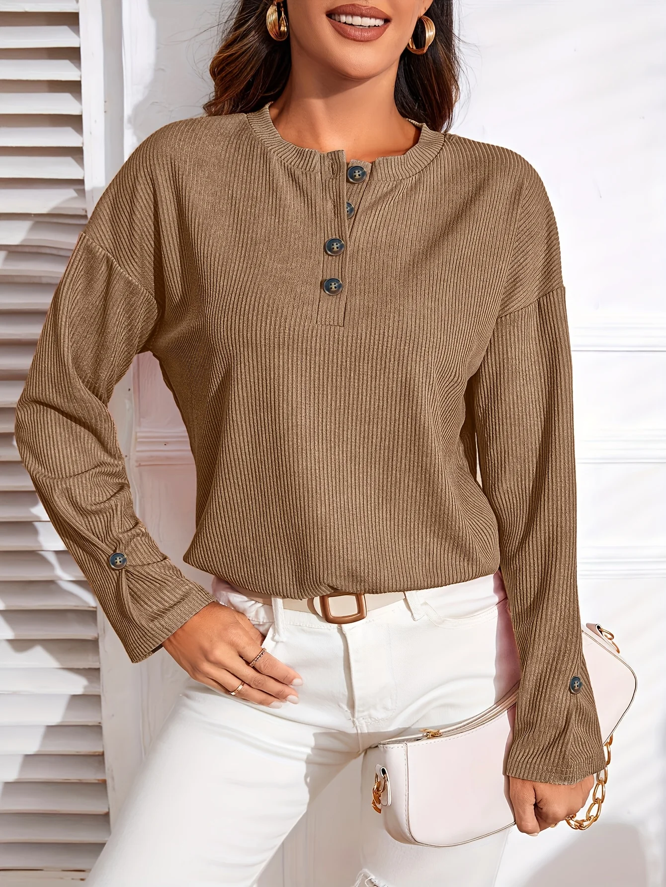 

Женская осенне-зимняя повседневная футболка с длинными рукавами и пуговицами