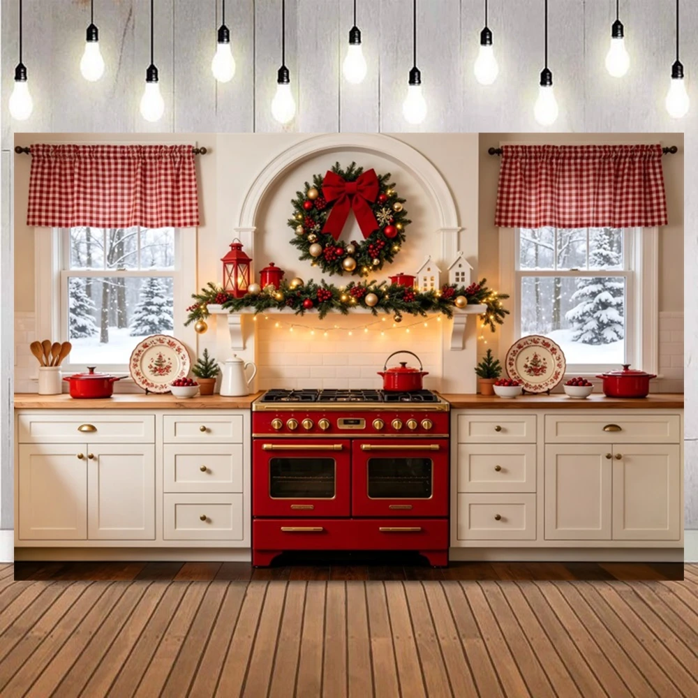 Christmas Kitchen Photography Background Cabinet Kitchenware Plates Wreath Kid Family Xmas Party Decor Photo Backdrop Banner