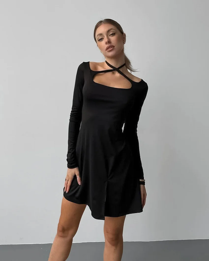 

Elegant Square Neck Lace Up Mini Dress Women Long Sleeves Slim A-line Dresses New Summer High Waist Black Pullover Short Dress