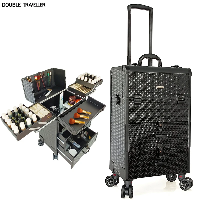 Luxus Kosmetik Box Große Kapazität Suitcae Stickerei Toolbox Multilayer Professionelle Trolley Make-Up reise roll gepäck