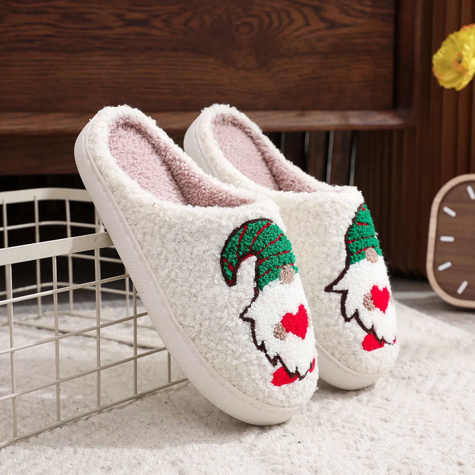 Couples Men And Women Christmas Slip On Furry Flat Home Winter Round Toe Keep Warm Cartoon Santa Dwarf Prints Slippers Shoes