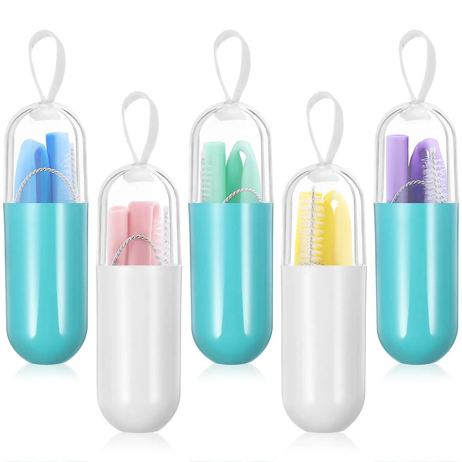 

5 Sets Silicone Straws Reusable Portable Foldable Drinking Straws Cleaning Brush Home Party Kitchen Bar Accessories