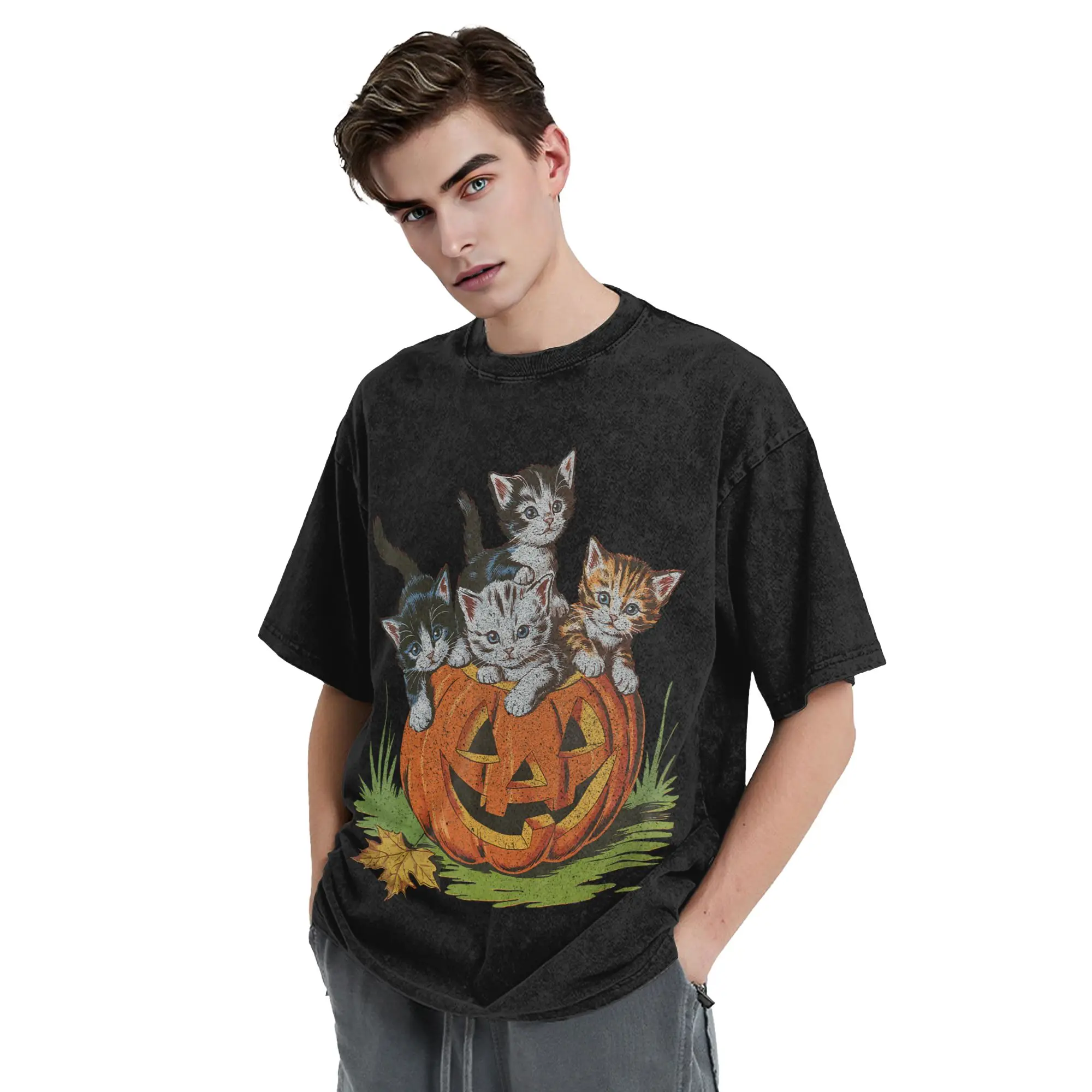 Halloween Vintage 90s Cat Washed T Shirt Streetwear Hip Hop T-Shirts Pumpkin Spooky Season Tee Tops Men Women 100% Cotton Summer
