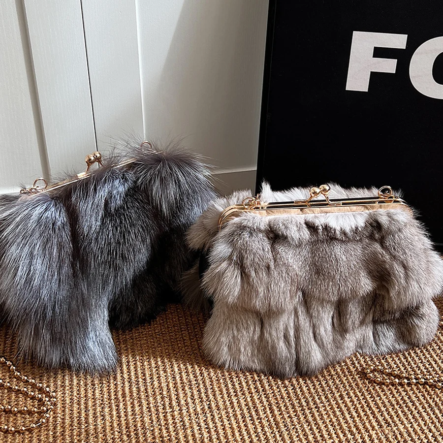 Soft Plush Clip Evening Bags For Elegant Women Fox Fur Dinner Party Clutch Purse Chain Crossbody Winter Warm Designer Handbags