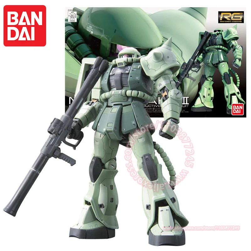 BANDAI RG 1/144 MS-06F Zaku II Mass ประเภทการผลิตอินเทรนด์รูปของเล่นเด็กเดสก์ท็อปเครื่องประดับประกอบคริสต์มาสของขวัญ