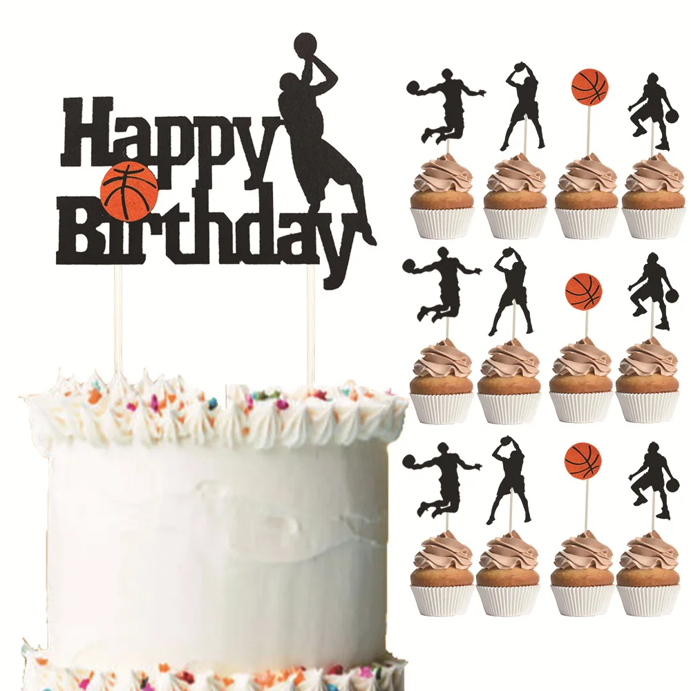 12/13/1 pz tema basket compleanno Cake Toppers feltro Toppers per il compleanno del ragazzo Dessert Cupcake decorazioni segno