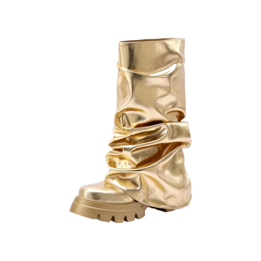 Gold Silver Pleated Lazy Women Mid-Calf Boots New High Heel Wide Sleeve Skirt Stacked Metal Riding Boots Plus Size Party Evening