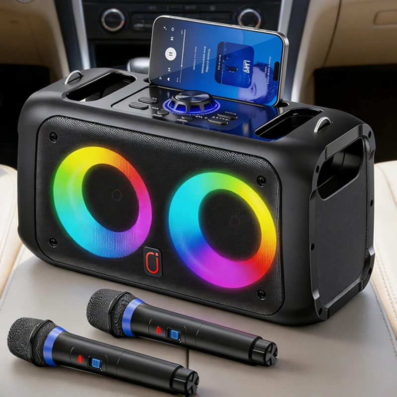 Bluetooth Speaker, Mobile Karaoke System, Lightweight Outdoor Bluetooth Speaker, Karaoke Machine with Microphone, with 2 Wireless Microphones, Portable Speaker Pa System for Adults, Singing Karaoke Speaker with Led Lights, Supports Tf Card/Usb, Aux Input, Suitable for Family Gatherings