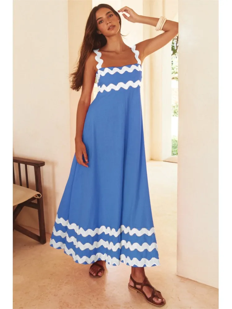 Summer Spaghetti Strap Print Long Dress For Women 2024 Sexy Slash Neck Boho Beach Holiday Maxi Dresses Female Casual Sundress