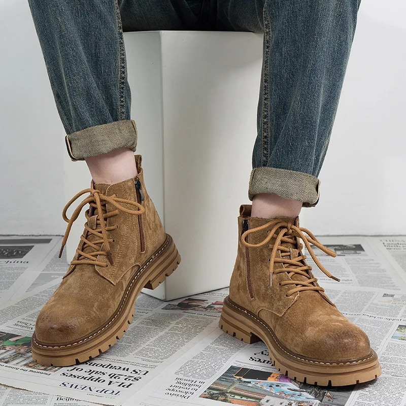 

Men's Boots Low Top Leather Work Boots Thick Bottom Heightening Desert High Top Yellow Boots British Style round Toe