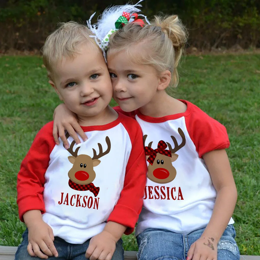 

Personalised Kids Christmas Shirt Custom Name Child Raglan Clothes T-shirt Deer Print Sibling Matching Xmas Outfit Kids Tee Tops