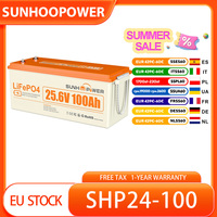 SUNHOOPOWER 24V 100Ah LiFePO4 Battery, 2560Wh Energy, Built-in 100A BMS, Max.2560W Load Power, Max. 100A Charge/Discharge, IP68