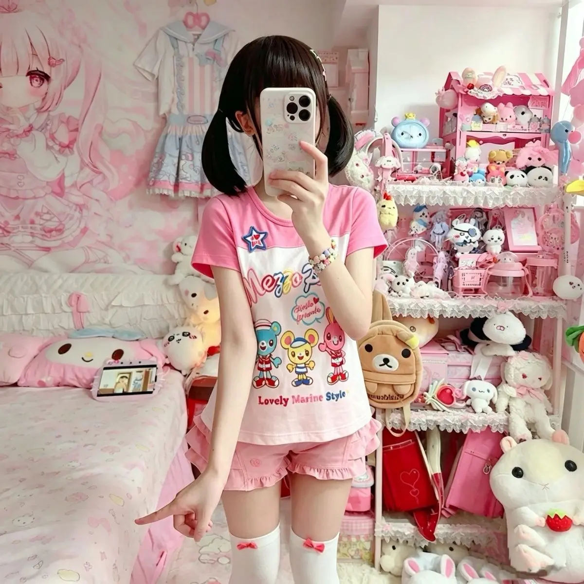 Japanese Cute Cartoon Mp Embroidery Jojifuku Short-sleeved T-shirt Summer New Sweet Girl Graphic T Shirts Color Blocking Y2k Top