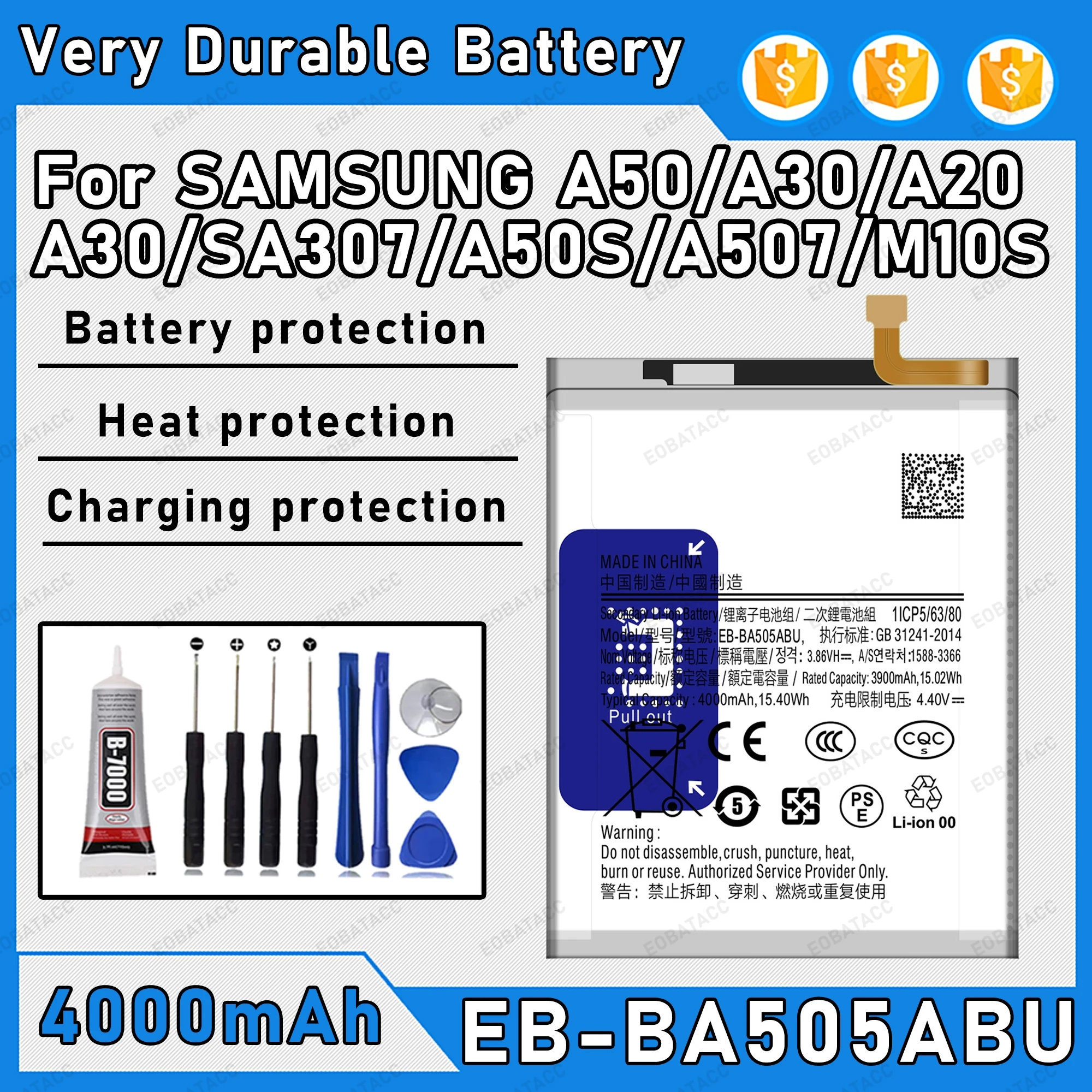 

4000mAh 100% New EB-BA505ABU Battery For SAMSUNG Galaxy A50/A30/A20 Replacement Bateria+Free Tools