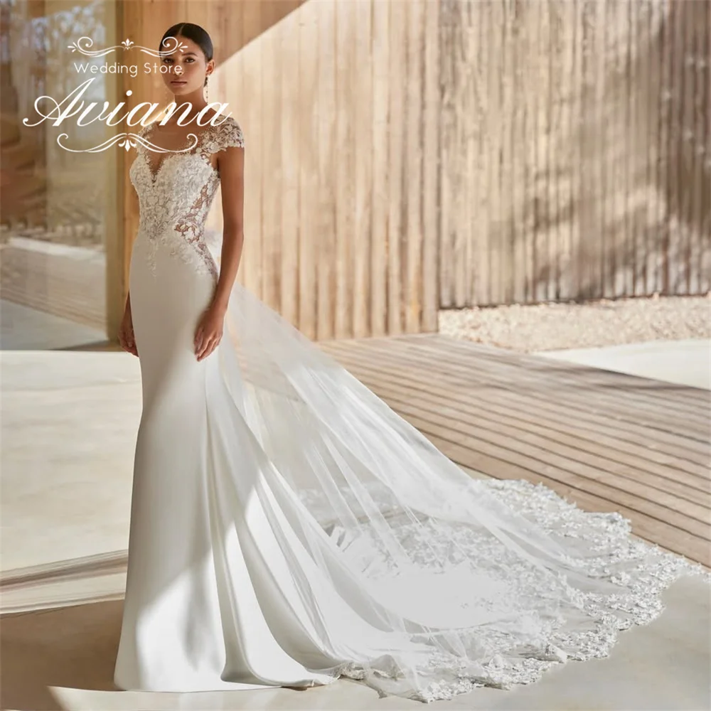 Aviana Customized Sweetheart Backless Mermaid Wedding Dress Sweep Train Pearls Elegant  Floor Length Lace Appliques Embroidery