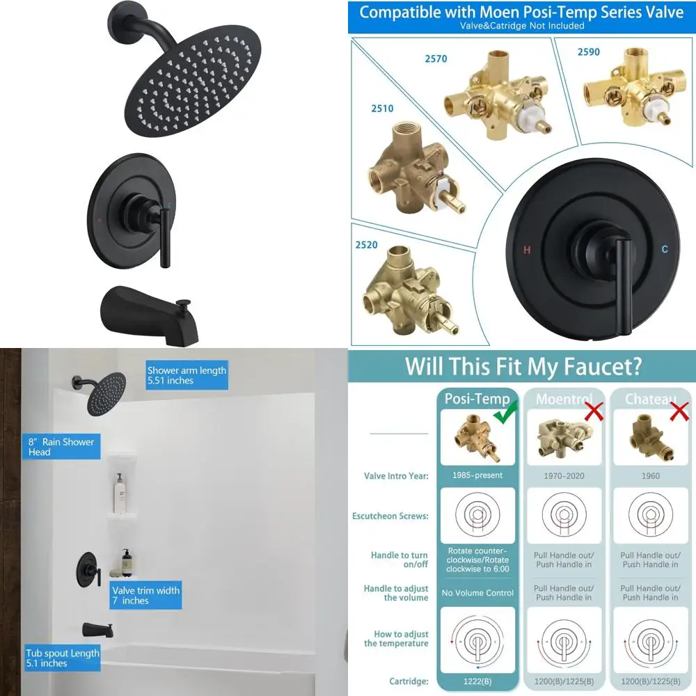 

High-Pressure Rain Shower Head, Shower Faucet Trim Kit, 8-Inch Showerhead, Tub Spout, Handle, Excludes Valve and Cartridge, Repl