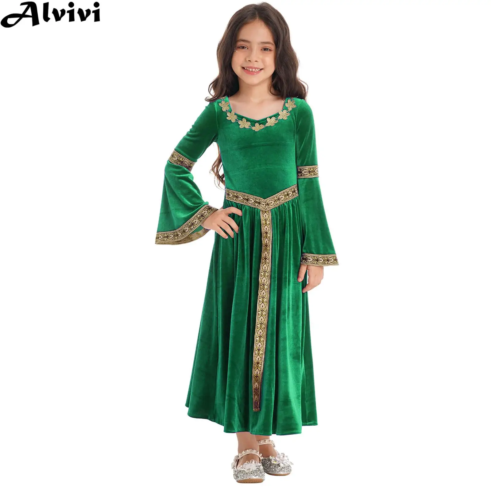 Kids Girls Church Choir Worship Dress Halloween Medieval Renaissance Princess Cosplay Costume Flare Sleeve Velvet Vintage Gown