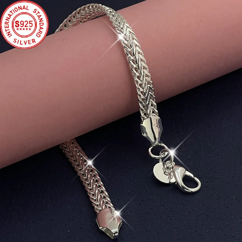 925 Sterling Silvery 6MM Flat Snake Chain Bracelet for women lady men Solid Side Chain wedding party gift Ideal Gift for Men