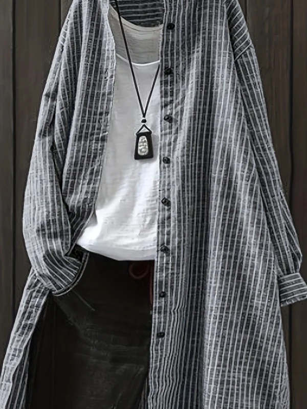 Casual Style Women's Long Sleeve Striped Cotton Linen Shirt Loose Fit Mid-Length plus Size Versatile Top for Autumn 2026