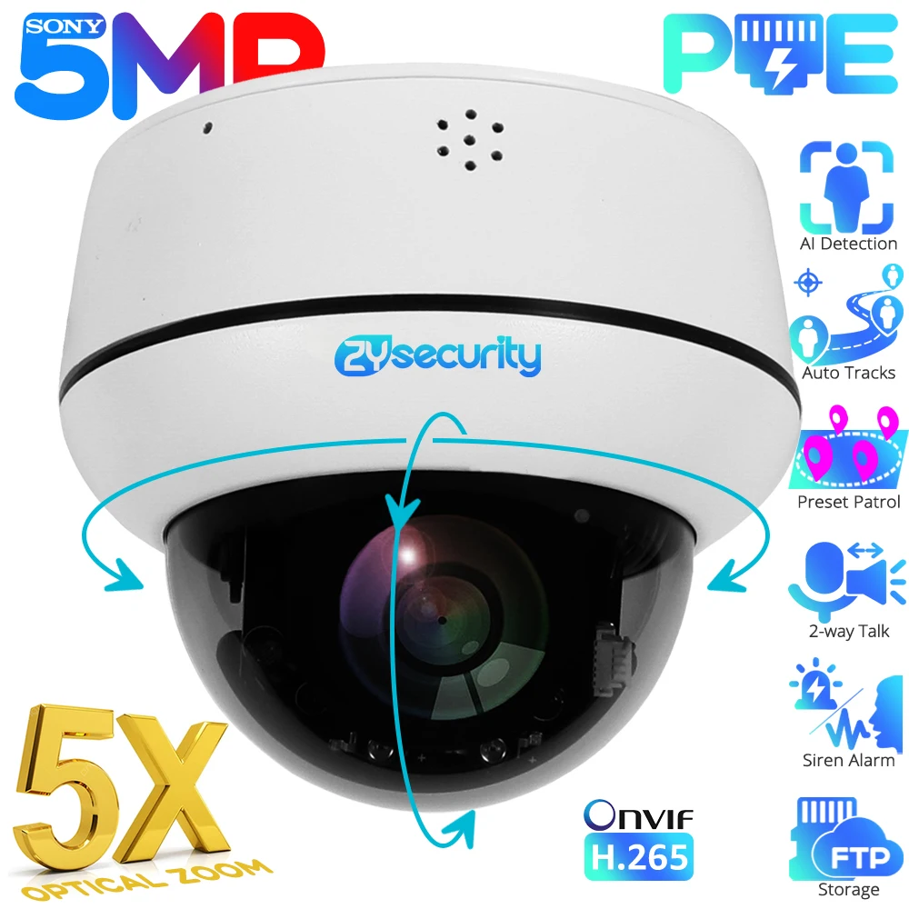 5MP 5X Optical Zoom Dome Security Camera Outdoor Human Detect Auto Tracking PoE IP PTZ Camera Wired Network CCTV Camera Camhipro