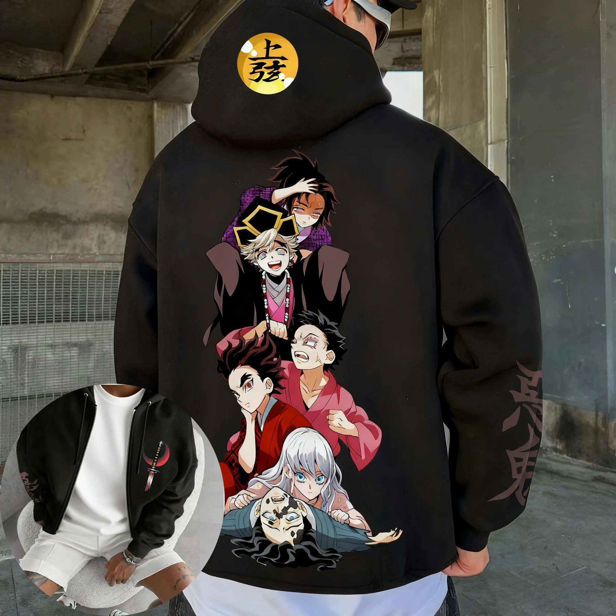 

Demon Slayer Anime Twelve Kizuki Printed Zipper Hoodie 2026 Men's Autumn/Winter New Street Hip Hop Trendy Casual Loose Y2K Top