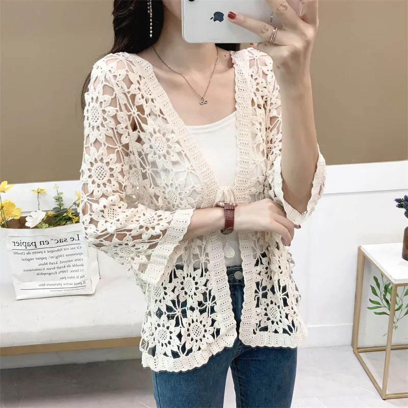 2024 New Spring And Summer Popular Knitted Sweater Cardigan Female Thin Hollow Lace Shirt Outer Sun Protection Shawl