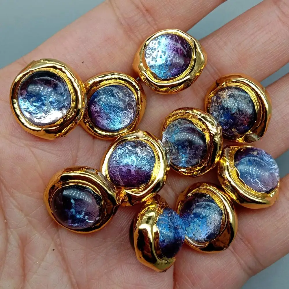 10 Pc 16mm Purple Color Noctilucent Murano Glass Round Gold Plated Beads For Bracelet Making Diy Accessories