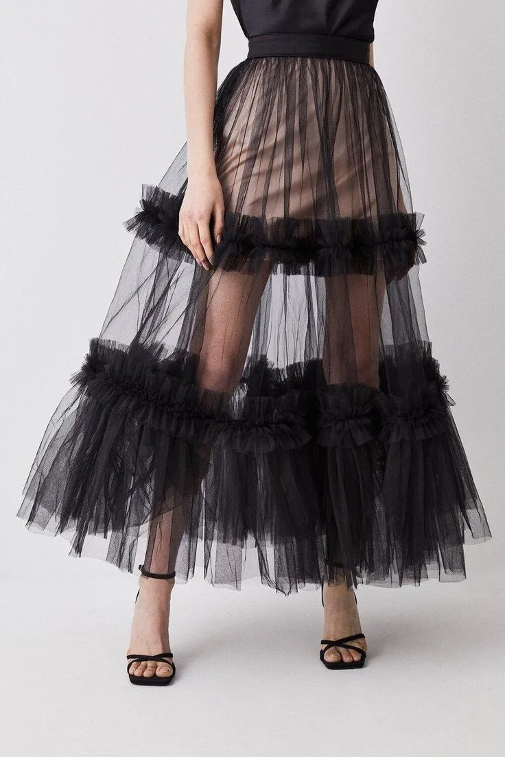 New Stylished Semi See Thru Tulle Women Skirts With Ruffles Trimmed Details A-line Mid Calf Tulle Skirt