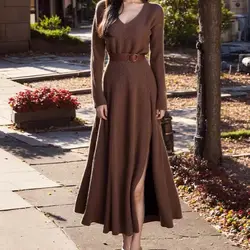 2024 Autumn New High-end Slim Fit Long Brown Sweater Dress for Women Autumn/Winter New Elegant V-neck Knitted Dress for Women