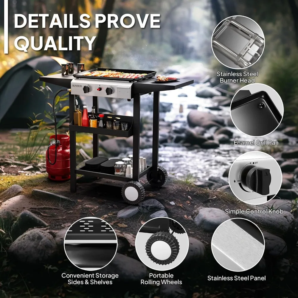 

2 Burner Portable Propane Griddle with Nonstick Enameled Tray, 20000 BTU Rolling Flat Top Gas Grill with Electronic, Customized