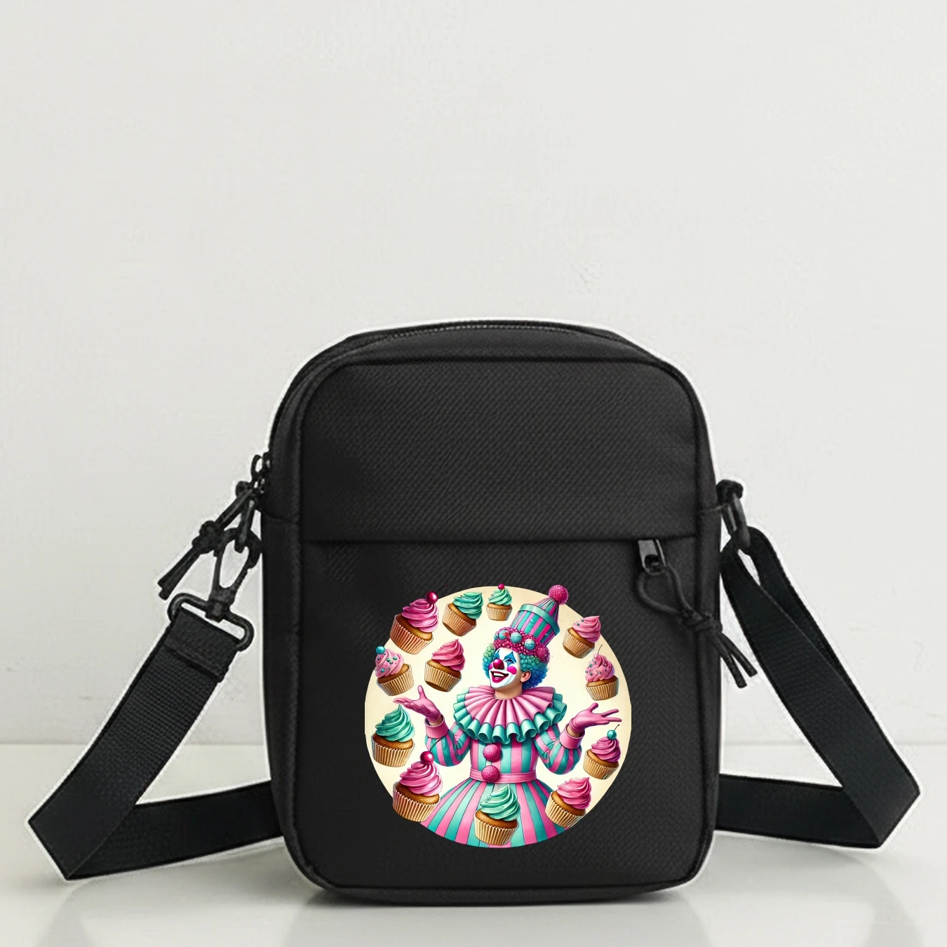 Vibrant Clown Theme Cupcake Mini Crossbody Bag 2D Cartoon Print Adjustable Strap Multi-Pocket Purse for Festival Parade Walking