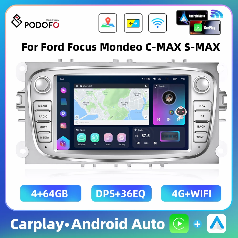 Podofo 8Core 4+64G Car Radio For Ford Focus Mondeo C-MAX S-MAX Multimedia Player Carplay Android Auto GPS WIFI 4G 7'' Car Stereo