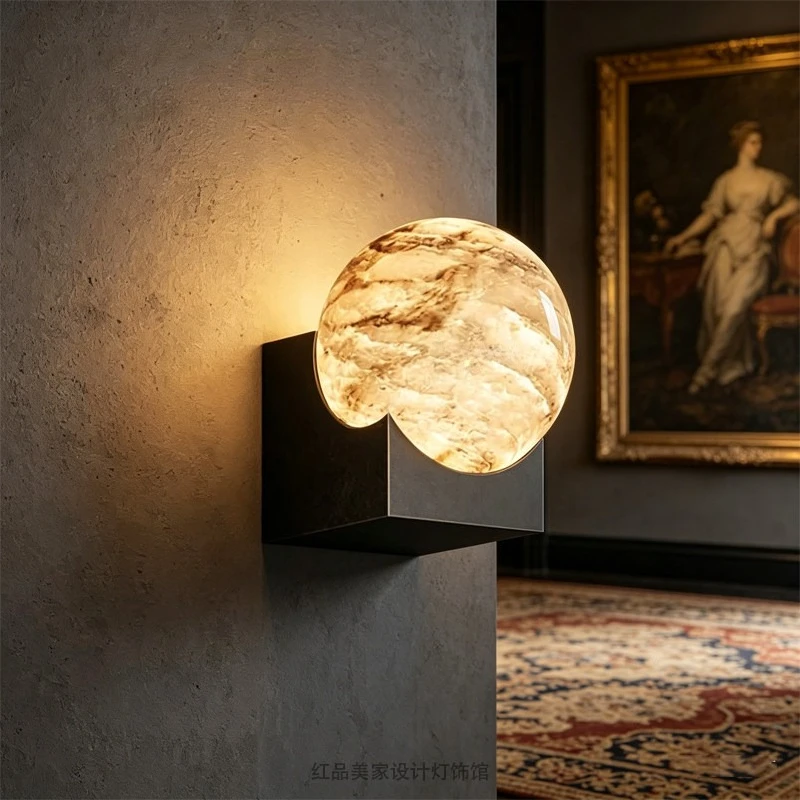 Natural Spanish Marble Moonlight Wall Lamp Bedroom Bedside Living Room Corridor Passageway Lighting Indoor Room Decor Fixture