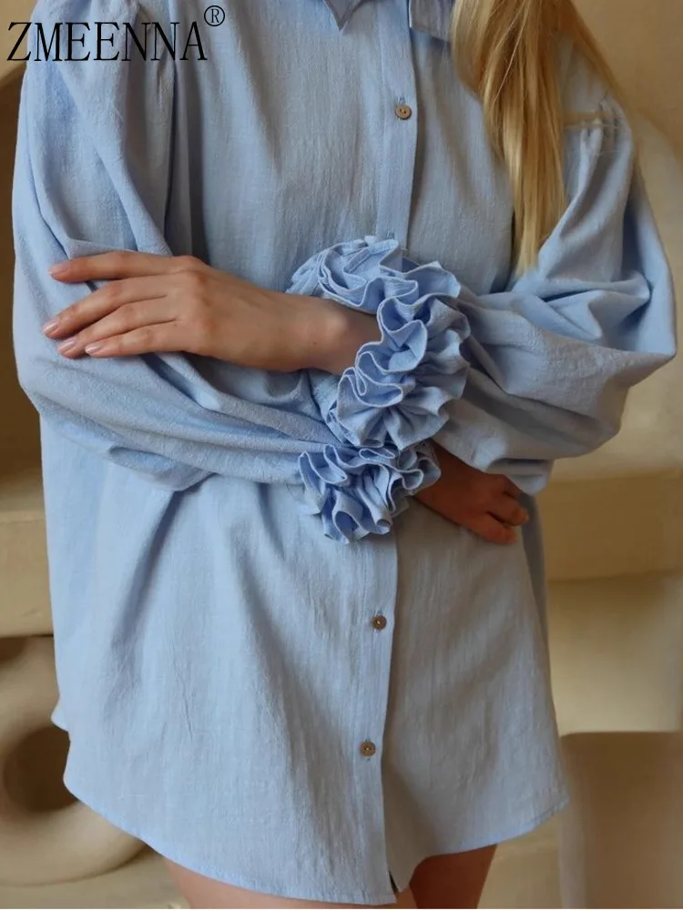 

ZMEENNA Women's Casual Blue Blouse With Ruffle Cuffs And Button Down Design Solid Color Long Sleeve Fit Shirt ZM3797