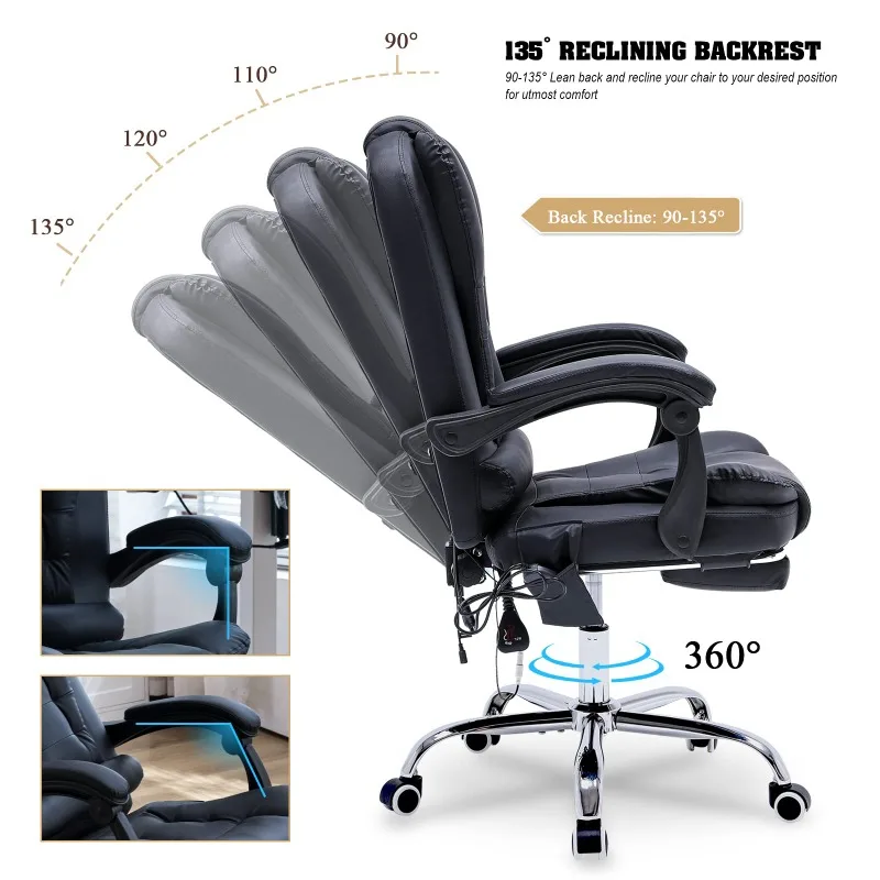 Vibration Massage Office Chair, Reclining Office Chair with Footrest, Home Desk Chair with Armrest, Adjustable Height/Tilt image 5
