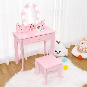Girls Vanity Table & Chair Set with Lights and Drawer 1