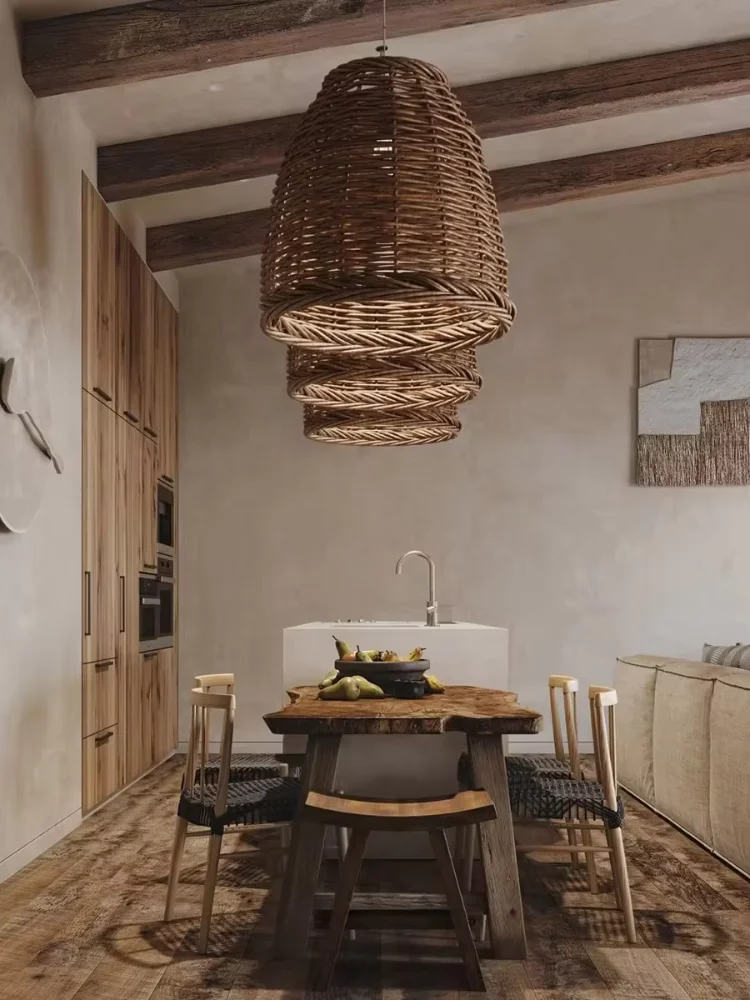 

handmade rattan Wicker pendant lamp Wabi Sabi Retro Chandelier for Seaside Resort Hotel Thailand American Style Home Decoration